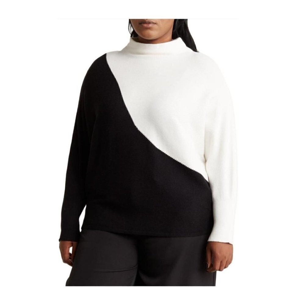 Tahari Womens Plus Black White Knit Color Block Dolman Sleeve Sweater Sz 3X New